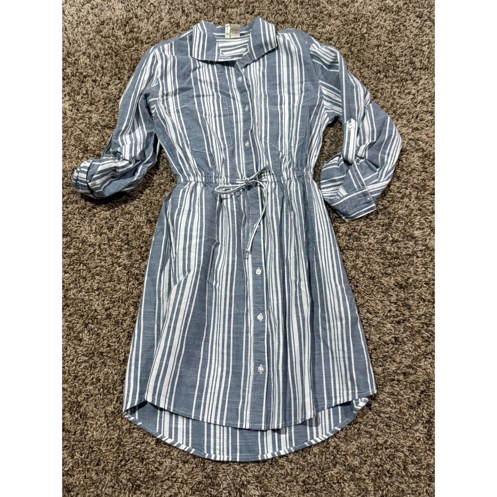 Japna Blue White Striped Dress XS Drawstring Waist Minimalist Coastal Vineyard